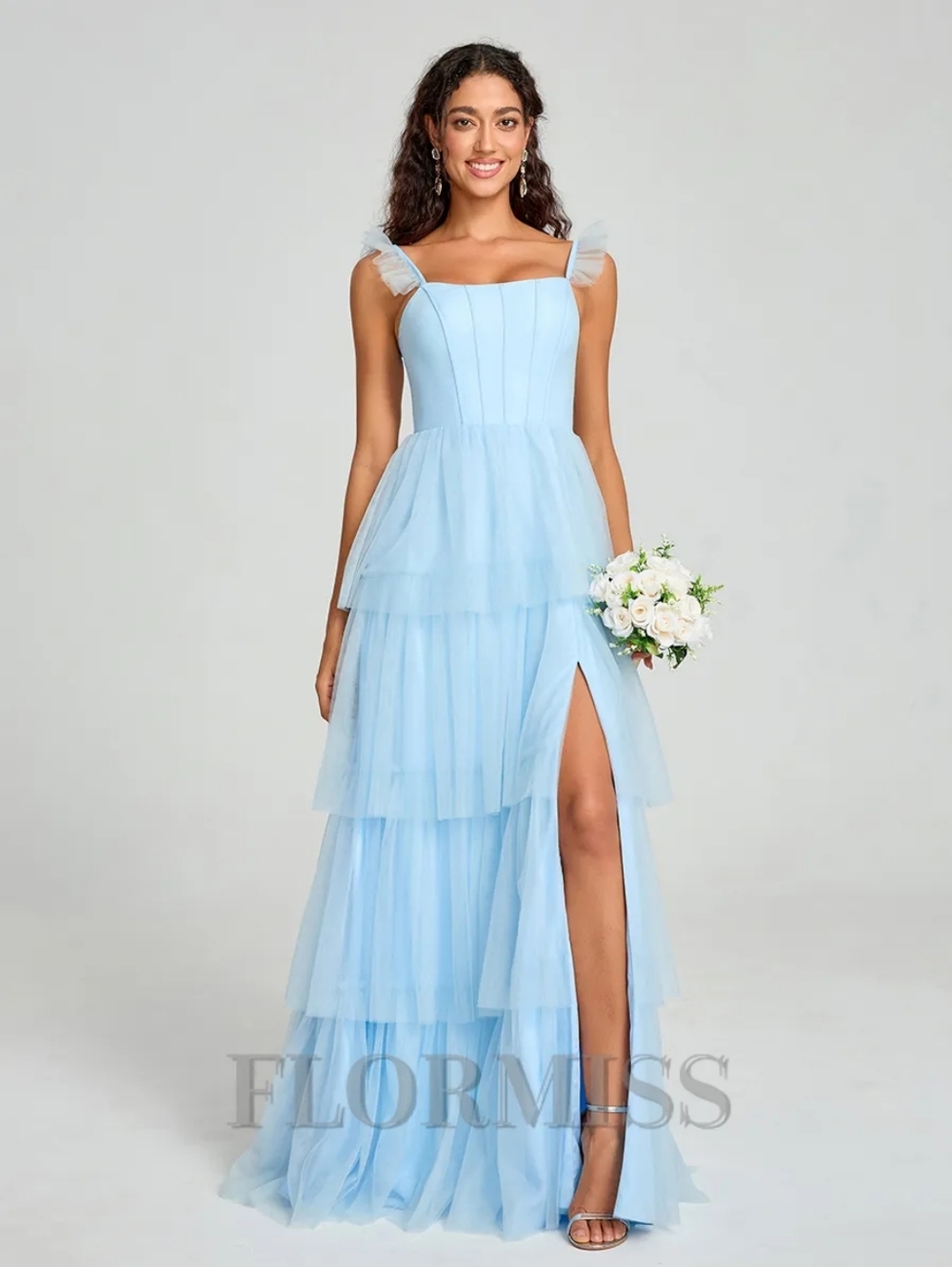 Womens A-line Princess Straps Floor-Length Sleeveless Tulle Bridesmaid Dress